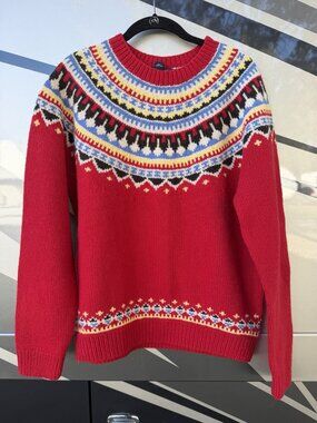 Lands' End red fair isle Nordic 100% lambswool preppy crew colorful sweater XL
